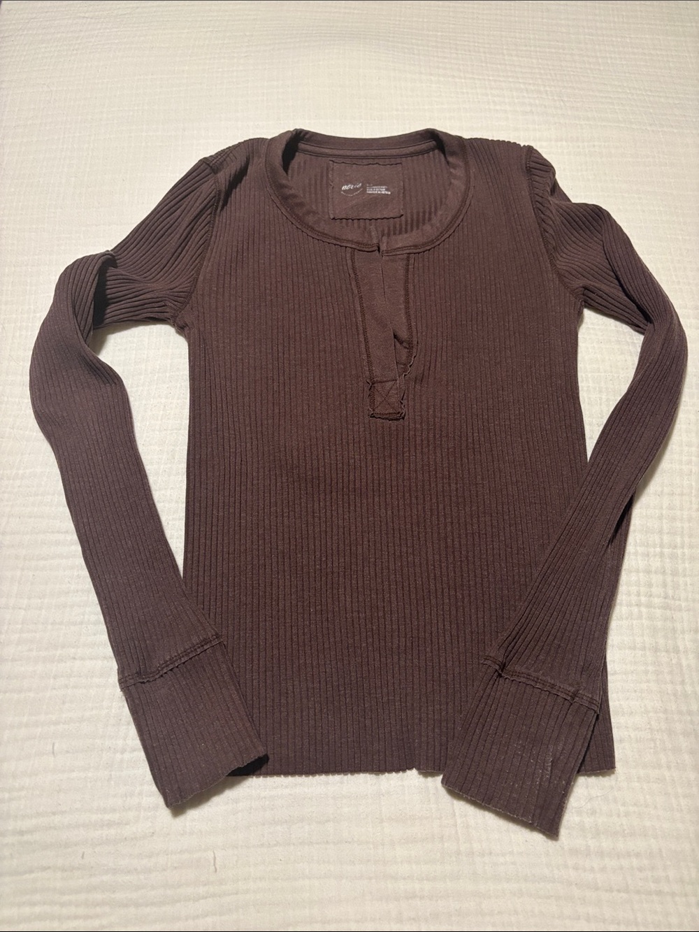 aerie Ribbed Henley Long Sleeve Top — Brown